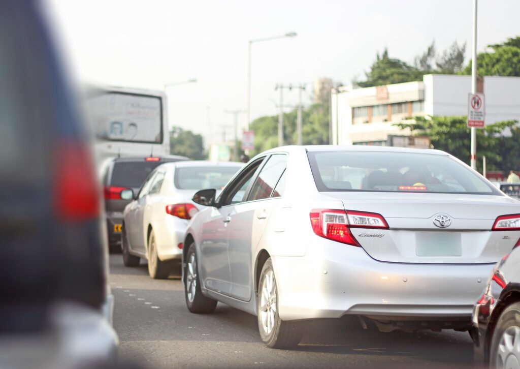 Cars and buses stuck in heavy traffic on a Lagos road during the daily commute