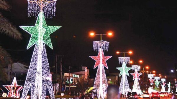 Christmas lights and colourful star-shaped decorations illuminate a street on Victoria Island, Lagos, during the festive season.