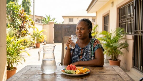 Nigerian adult drinking a glass of water on a hot day, with fresh watermelon, cucumber and oranges nearby to illustrate healthy hydration.