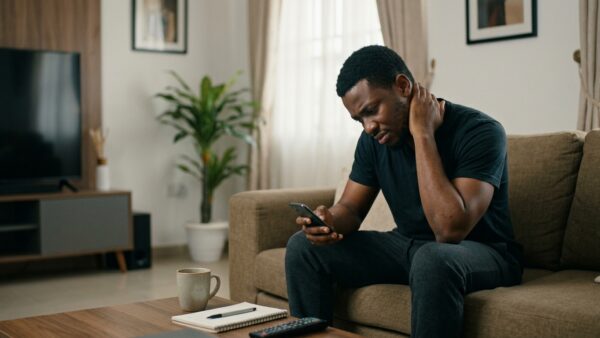 Young Nigerian adult using a smartphone while rubbing the back of their neck, highlighting the effects of poor phone posture.