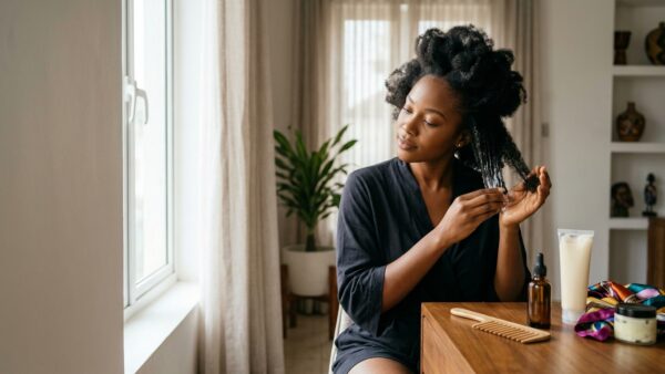 Nigerian woman applying hair moisturiser to her natural hair, with haircare products nearby to illustrate healthy hair maintenance during harmattan.