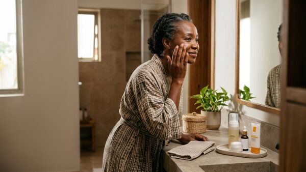 Mature Nigerian woman applying moisturiser to her face in front of a bathroom mirror, illustrating skincare during perimenopause and menopause.