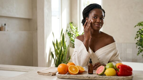 Nigerian woman applying vitamin C serum to her face, with fresh oranges, guavas and skincare products nearby to illustrate the benefits of vitamin C for healthy skin.