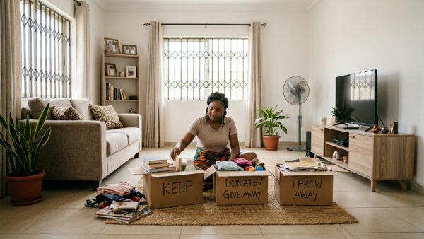 Young Nigerian woman organising household belongings into boxes while decluttering her living room to create a cleaner, more organised home.