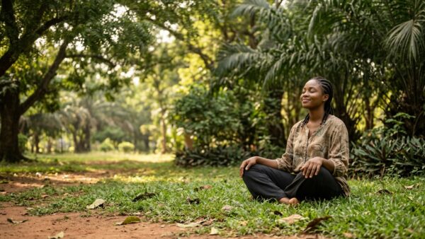 Woman sitting peacefully on green grass in a sunlit park, enjoying nature and a moment of relaxation for better mental wellbeing.