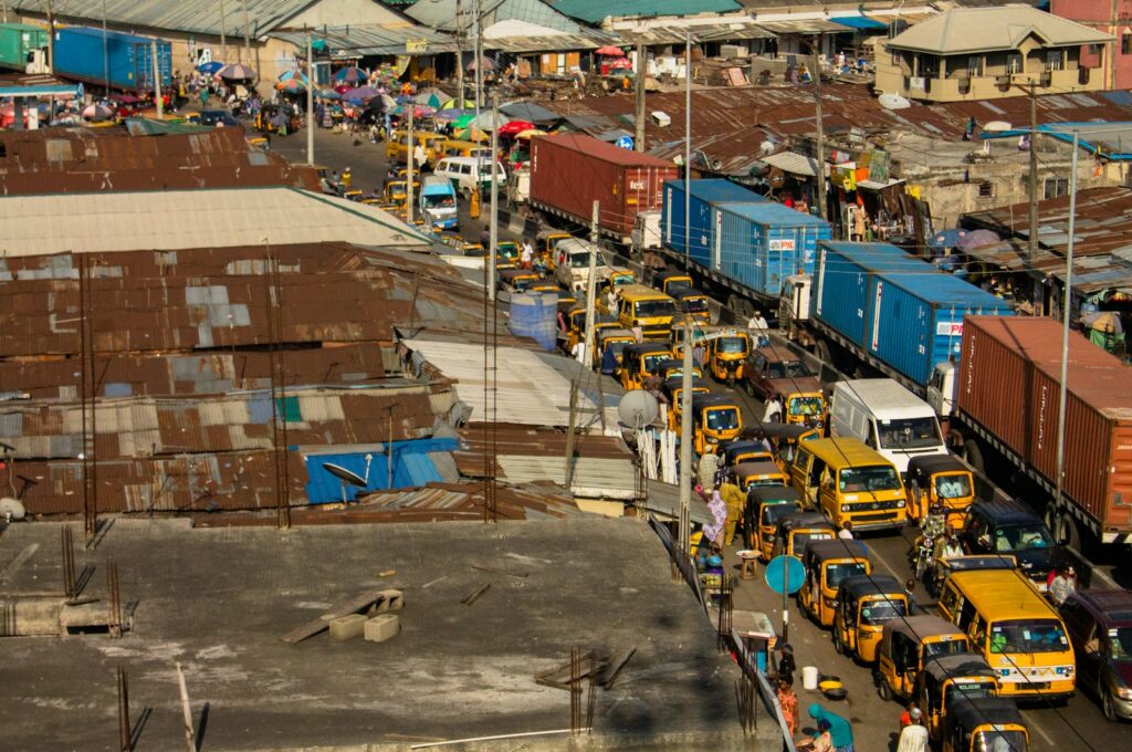 Cars in slow-moving traffic on a road in Apapa, Lagos