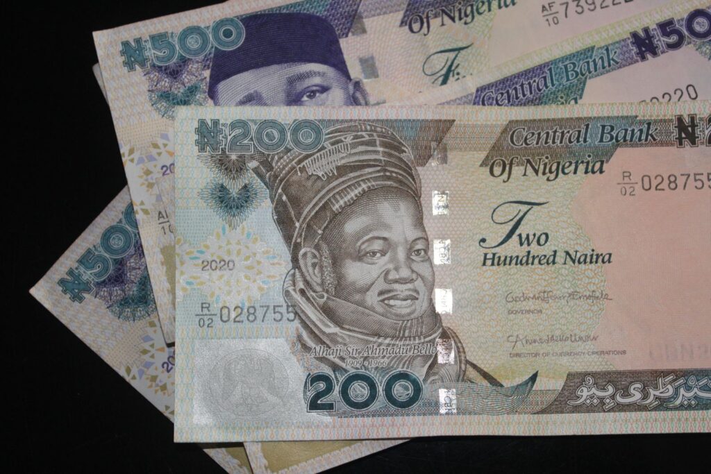 Close-up of Nigerian naira notes, including N200 and N500 notes